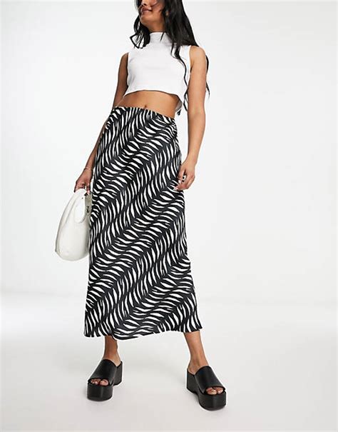 River Island Geometric Print Satin Bias Midi Skirt In Black And White Asos