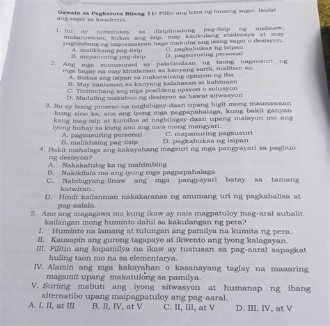 Gawain Sa Pagkatuto Bilang 11 Piliin Ang Letra Ng Tamang Sagot Isulat