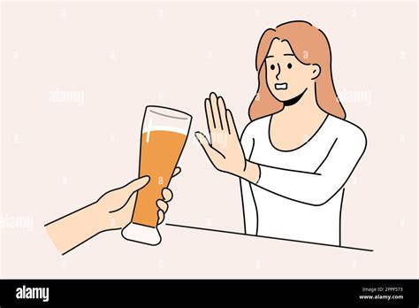 Woman Refuse From Extra Glass Of Beer At Bar Decisive Girl Say No To Alcoholic Drink And