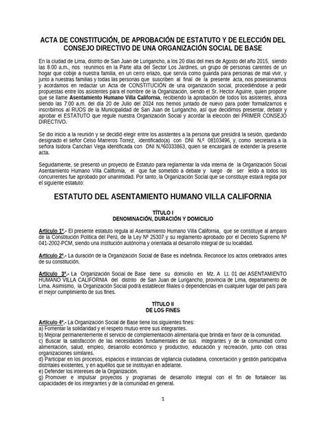 Acta De Constitución De Aprobación De Estatuto Pdf