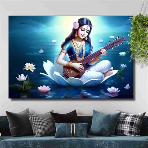 Saf Paintings Unframed Rolled Art Print Goddess Saraswati Canvas Wall Art Print For Home Décor