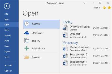 Opening Documents Microsoft Word 2016