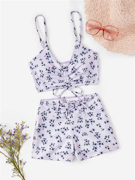 Romwe X Gabiciamp Floral Print Drawstring Ruched Bikini Swimsuit