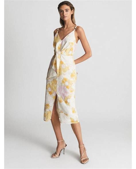 Reiss Floral Print Linen Midi Dress In Yellow Lyst Uk