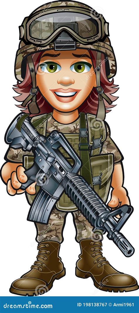 Woman Soldier Mascot Hold The Assault Rifle Vector Illustration