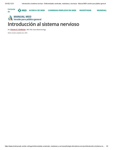 Introducción Al Sistema Nervioso Enfermedades Cerebrales Medulares Y