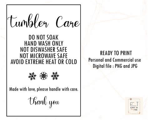 Tumbler Care Card Printable Tumbler Instructions Card | Etsy