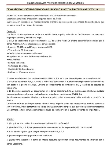 Enunciados Casos Prácticos Créditos Documentarios P CASO PRÁCTICO 1