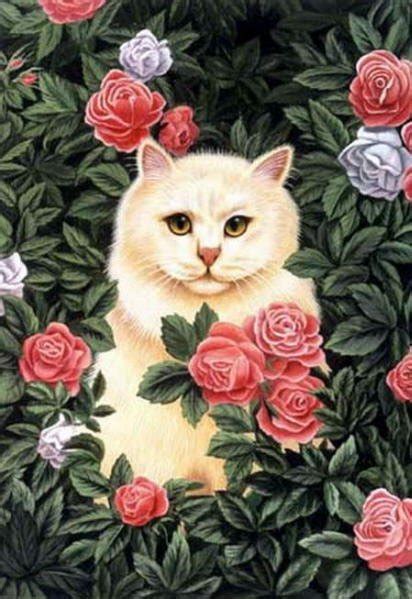 Summer Cat Paintings Brownd Elizabeth Persian Cat Pink Flowers