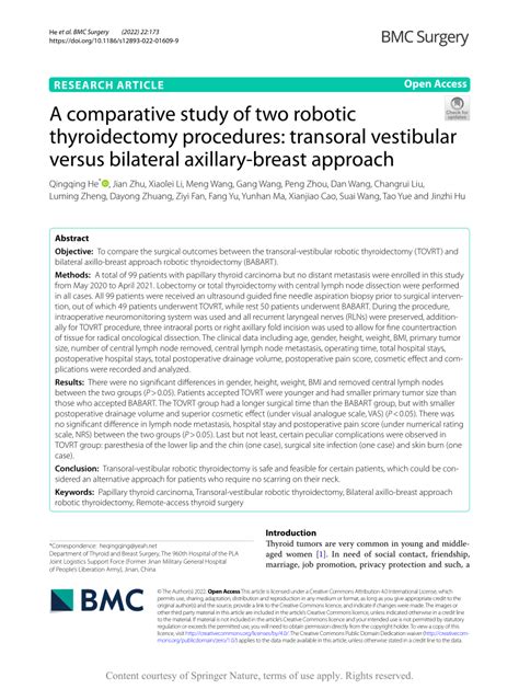 Pdf A Comparative Study Of Two Robotic Thyroidectomy Procedures