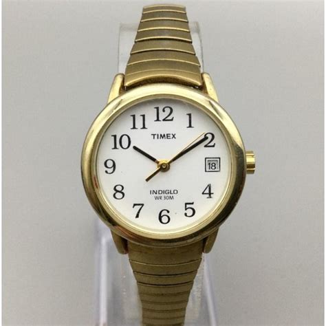 Timex Accessories Timex Indiglo Watch Women Gold Tone Date Round 3m Stretch Band New Battery