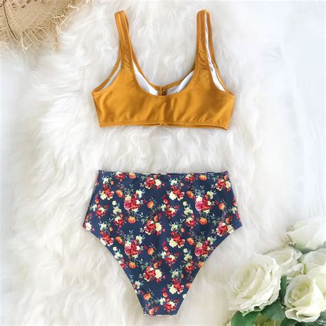 FREE SHIPPING Sexy Caramel Buttons High Waist Floral Bikini Swimsuit JKP Allkpop Shop