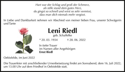 Traueranzeigen Von Leni Riedl Geb Schaffelke Abschied Nehmen De