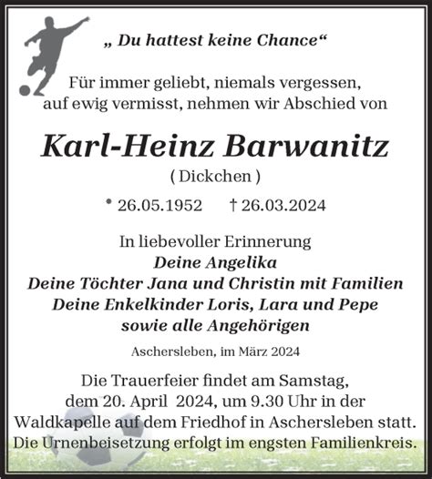 Traueranzeigen Von Karl Heinz Barwanitz Abschied Nehmen De