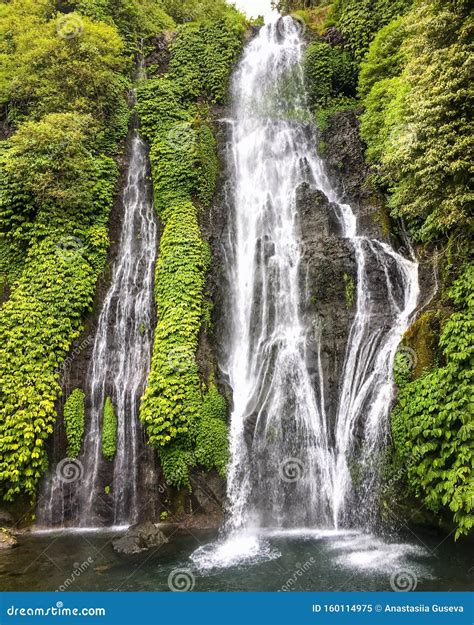 Jungle High Waterfall Cascade In Tropical Rainforest With Rock On Bali