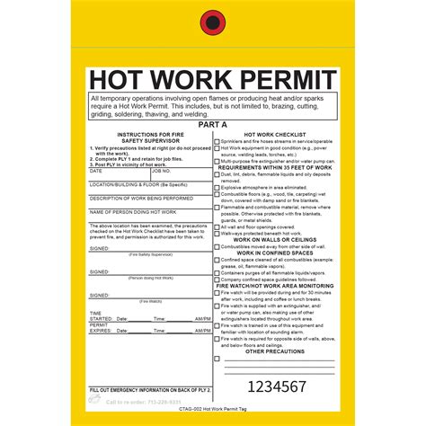CTAG 002 Hot Work Permit Tag Carroll Printing