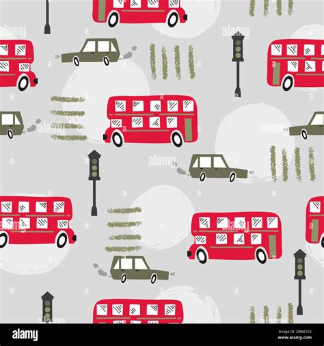 Seamless Road Pattern With Cartoon Red London Bus And Car Baby Print