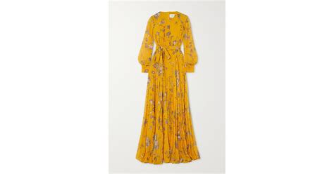 Erdem Belted Pleated Floral Print Voile Gown In Yellow Lyst