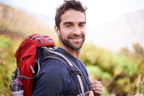 Hiking Smile And Portrait Of Man On Mountain For Fitness Adventure