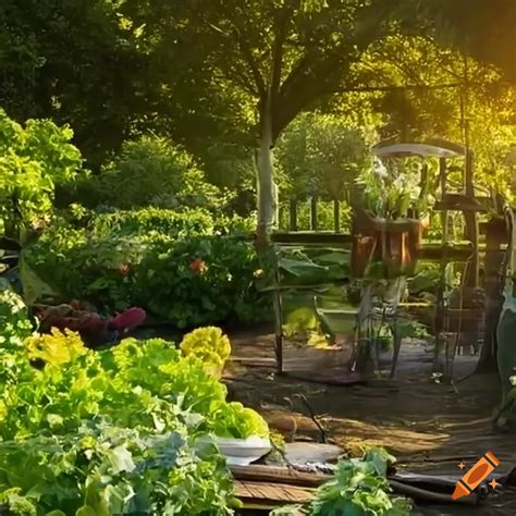 A Thriving Vegetable Garden With Ripe Vegetables And Vibrant Flowers