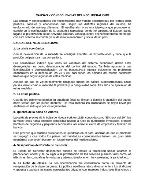 El Neoliberalismo Causas Y Consecuenicas Resúmenes De Humanidades Y Ciencias Sociales Docsity