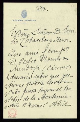 Carta Del Conde De Las Navas A Emilio Cotarelo En La Que Le Traslada