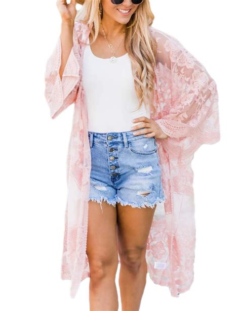 Bsubseach Women Swimsuit Cover Up Beach Mesh Lace Kimono Swimwear Cover