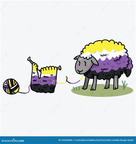 Cute Non Binary Fluffy Sheep Cartoon Vector Illustration Motif Set Hand Drawn Isolated Knitting