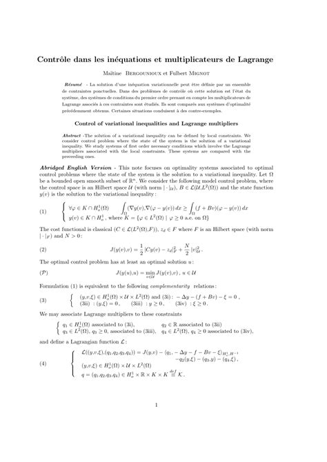 Pdf Contr Le Dans Les In Quations Et Multiplicateurs De Lagrange