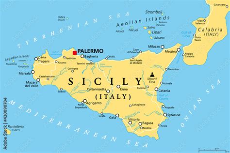 Photo Art Print Sicily Autonomous Region Of Italy Political Map