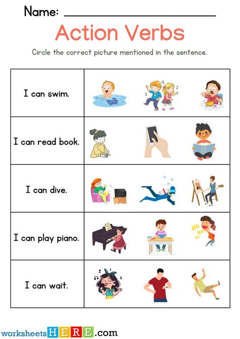 Circle Action Verbs Pictures With Related Sentences Pdf Worksheet For