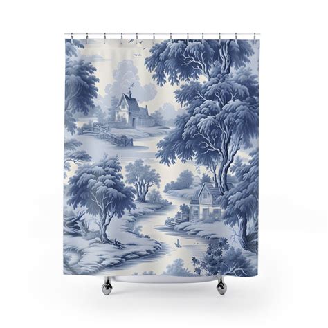Blue Toile Shower Curtain And Rug Set French Toile Decor Custom Curtain