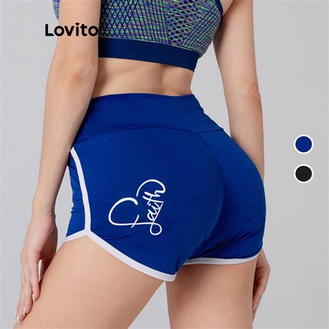 Lovito Shorts Esportivos Contraste Estampado Letra L05205 Preto Azul