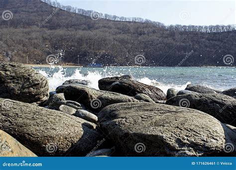 Seascape With Large Rocks On The Shore Stock Image Image Of Spray