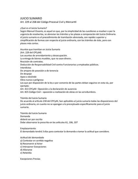 Juicio Sumario Juicio Sumario Art Al Del C Digo Procesal