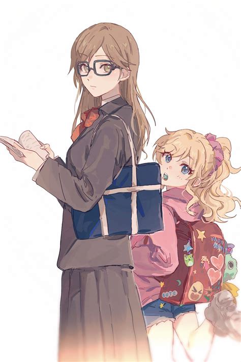 Safebooru 2girls Aged Down Aikawa Chinatsu Backpack Bag Blonde Hair Blue Eyes Brown Eyes Brown