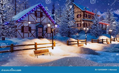 Alpine Mountain Village At Snowfall Winter Night Stock Illustration