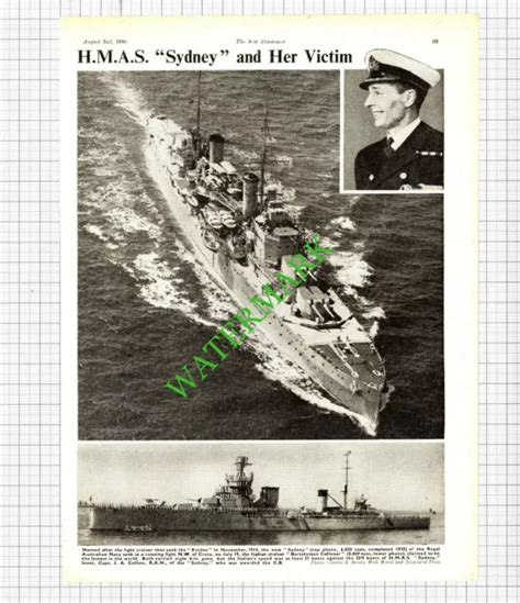 Hmas Sydney Ship Royal Australian Navy Capt Ja Collins Ww2 1940 Cutting £895 Picclick Uk