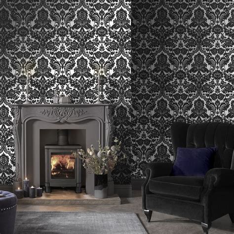 Gothic Damask Flock By Graham Brown Black Silver Wallpaper