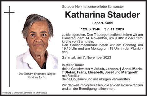 Traueranzeigen Von Katharina Stauder Trauer Bz