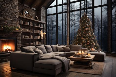 Premium AI Image Cozy Living Area With Christmas Tree In Festive Room