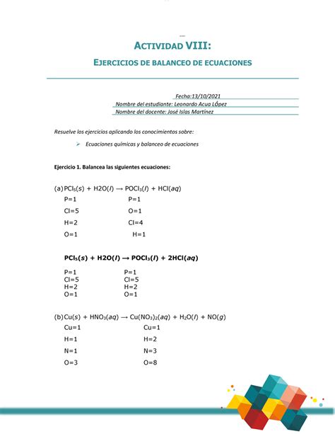 A 8 LAL Quimica LOMoAR CPSD 7681251 ACTIVIDAD VIII EJERCICIOS DE