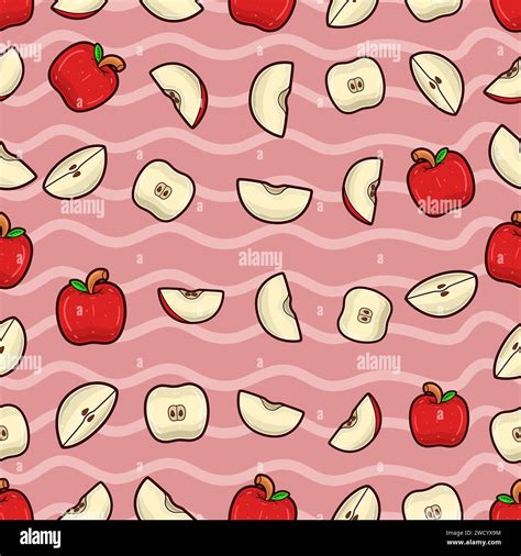 Apple Fruit Seamless Pattern In Cartoon Style Perfect For Background