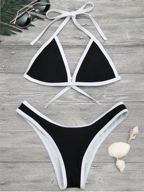 High Cut Contrast Piping Bikini Set Black Bikinis M Zaful