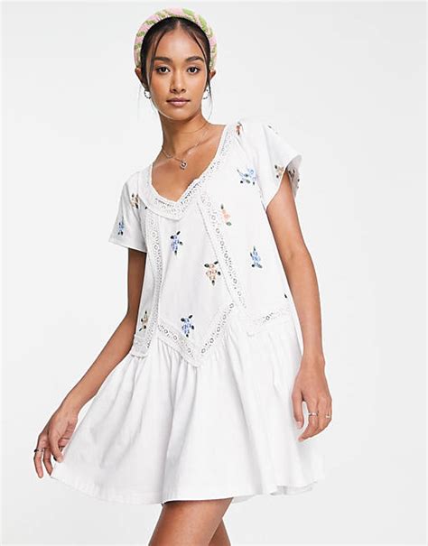 Asos Design Short Sleeve Smock Dress With Lace Inserts And Floral