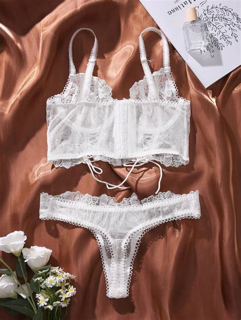 Embroidery Mesh Lace Up Lingerie Set SHEIN USA