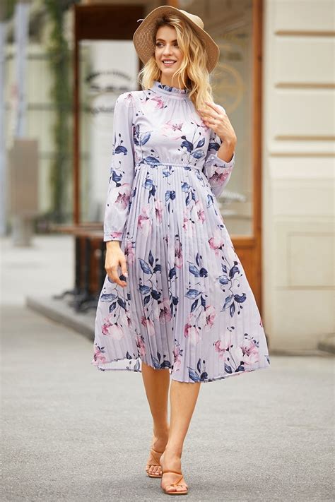 Lilac Floral Print High Frill Neck Long Sleeve Pleated Midi Dress