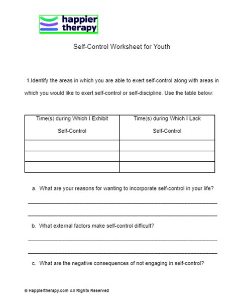 Self Control Worksheet For Youth Happiertherapy