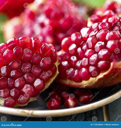 Pomegranate Fruit Red Pomegranate Close Up Macro Close Up View Of