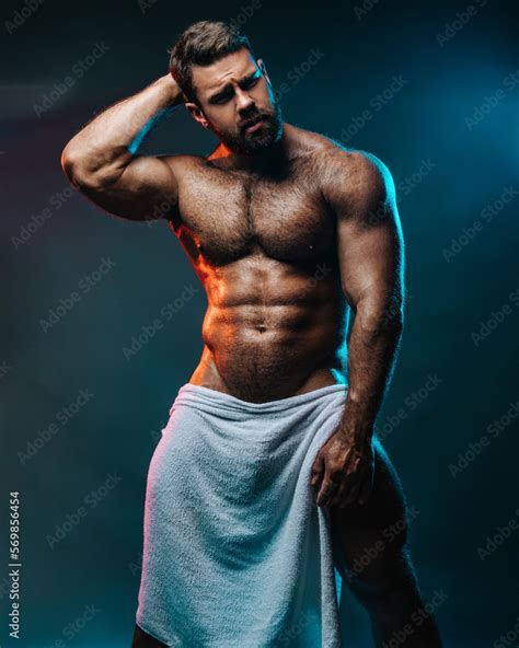 Big Muscled Man In White Towel Handsome Hunk Posing Is Studio Naked